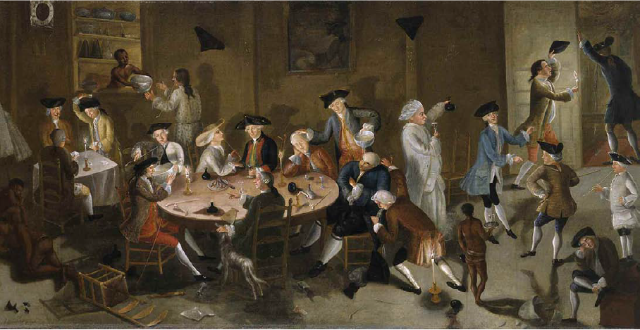 Colorful painting of ornately dressed men indulging in food and drink provided by naked Black servants