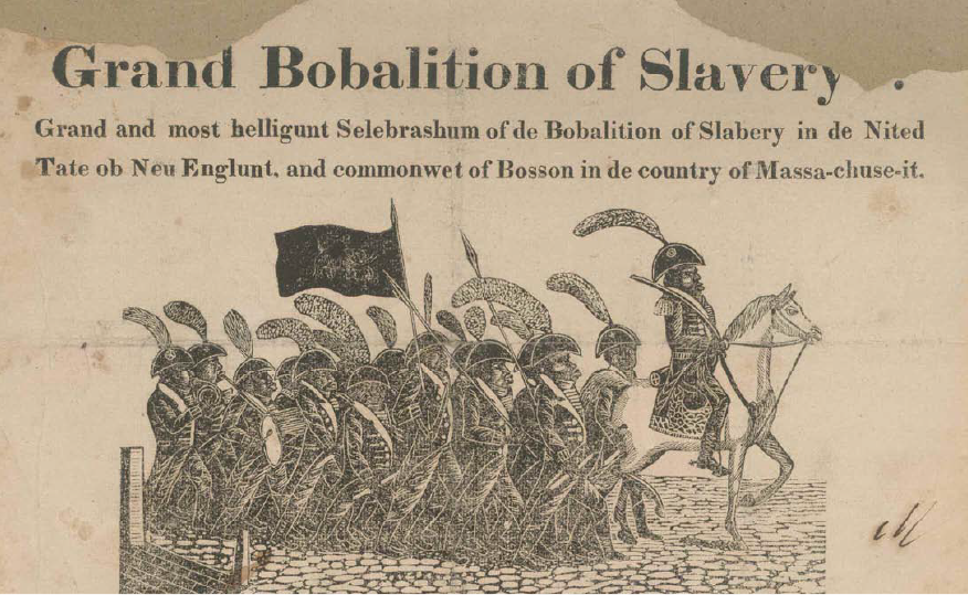 A cariculature drawing of a column of black military-clad soldiers following their commander on a white horse