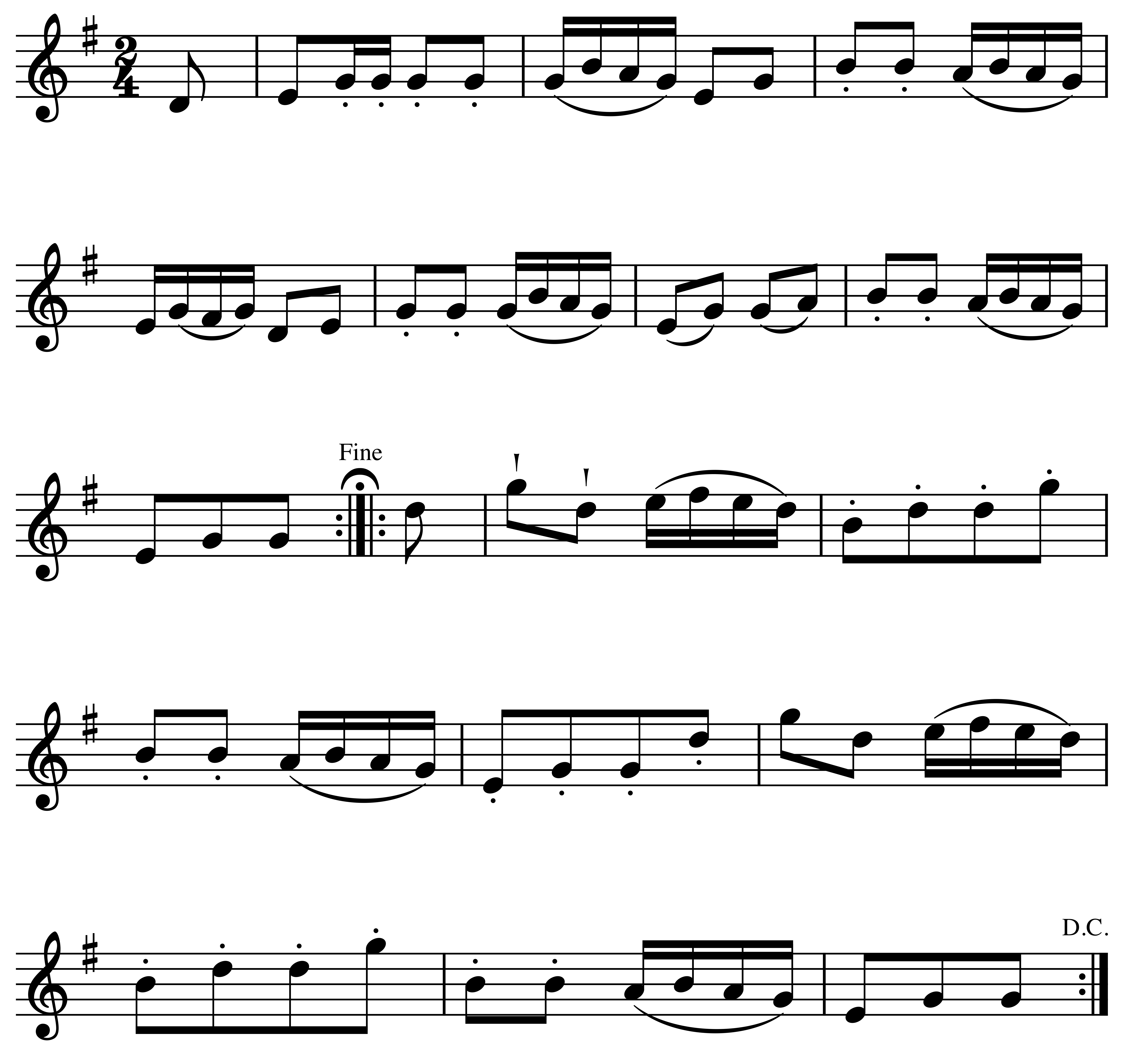 A music score of Roaring River, a song sung on the Red River plantation. The song is eighteen measure in two four time, in the key of F-sharp.
