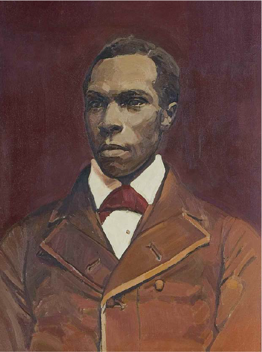Painted portrait of a Black man wearing a white shirt, red tie, and beige jacket