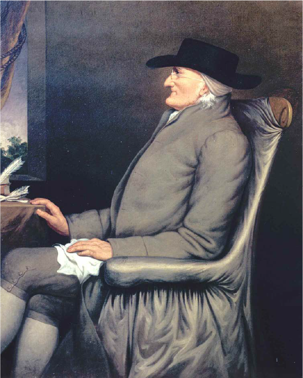 Profile paintaing of an elderly white man in a grey suit and broad-brimmed hat looking out the window