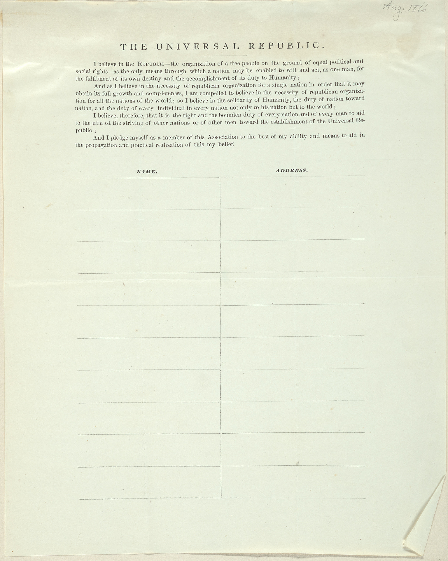 pledge form with the heading 'The Universal Republic' 