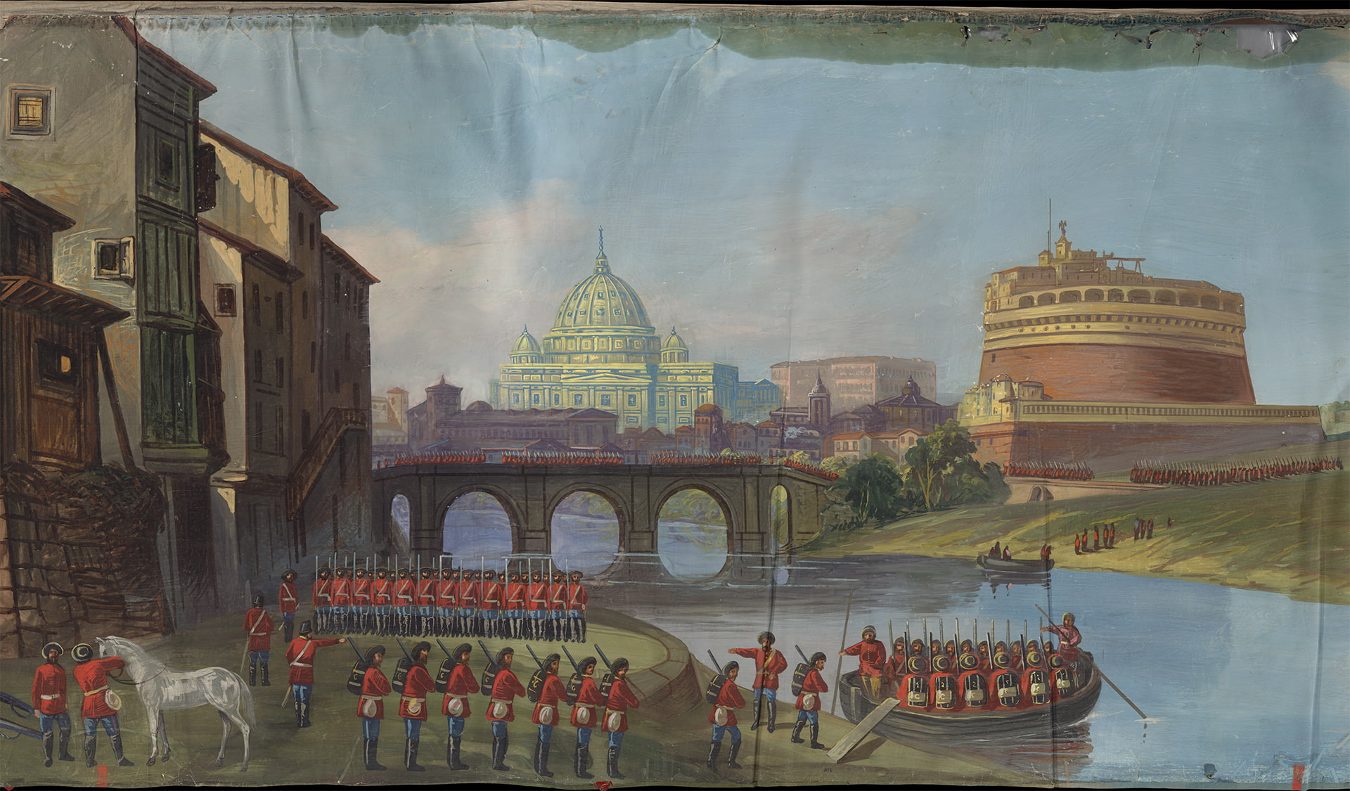 Soldiers line up to board boats on the Tiber in Rome. St. Peter's Basilica in the background.