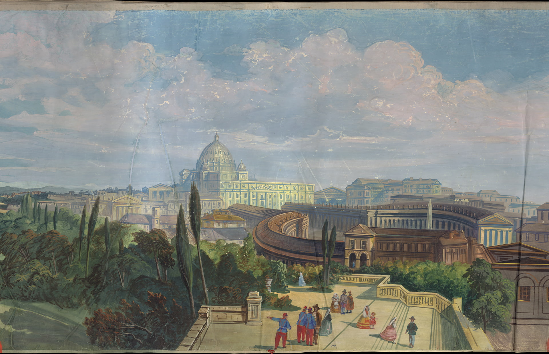 Soldiers speak with civilians in the foreground. View of Rome, Saint Peter's Basilica in the background.