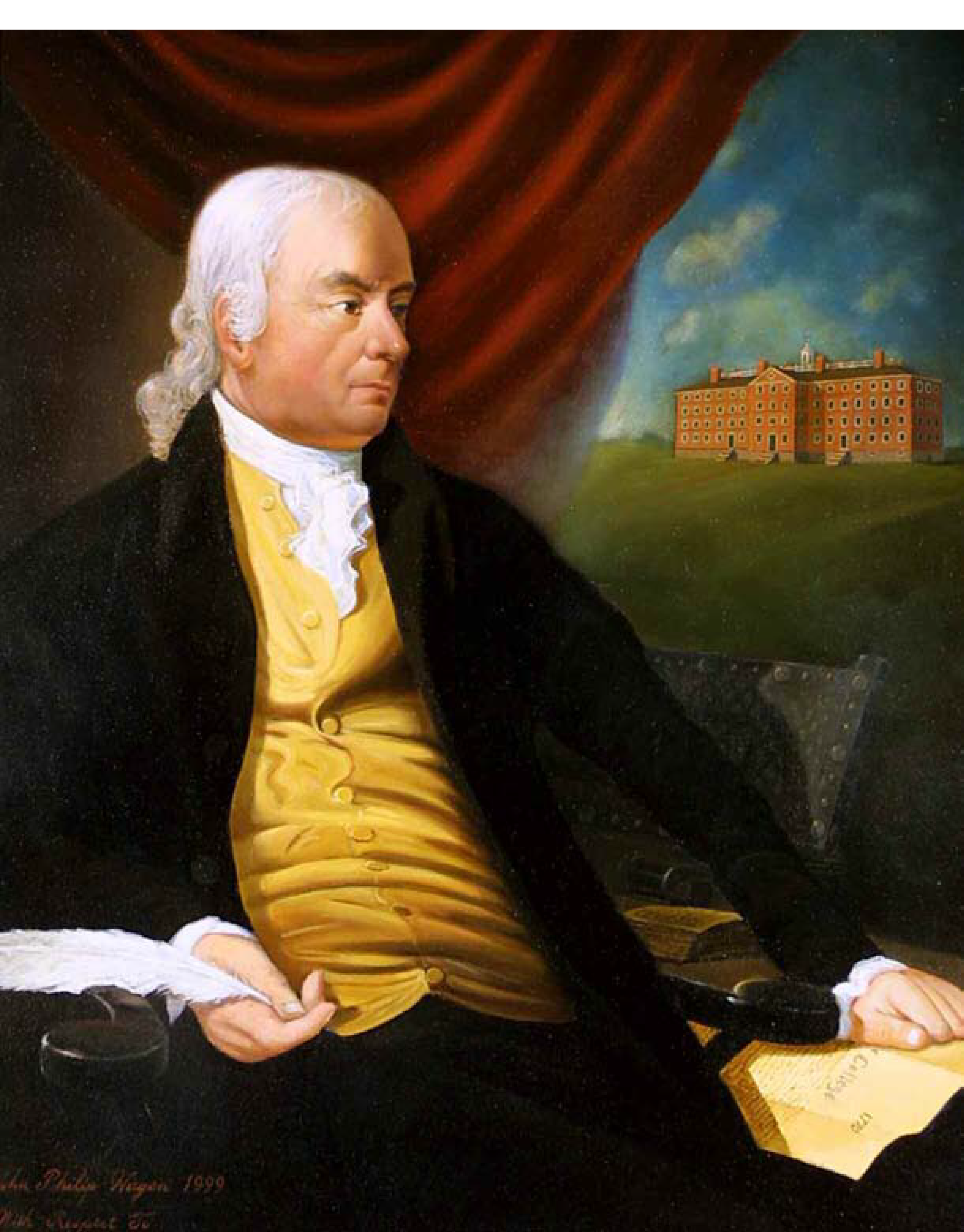 Portait of white-haired man wearing a yellow vest with a red brick building in the background