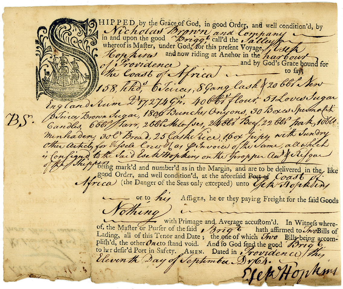 A printed template of a bill of lading, which features an ornate drop cap that incorporates an image of a ship with three masts. The bill of lading was filled out by hand.