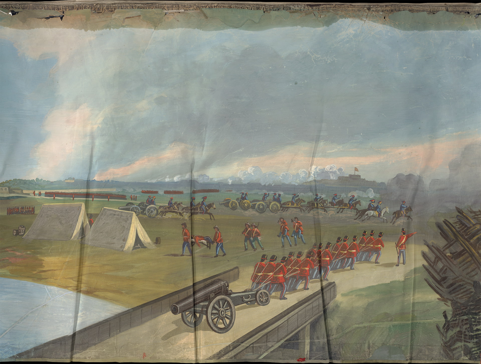 Members of the Roman army approach the batteries or carry the wounded; a line of defense can be seen in the distance.
