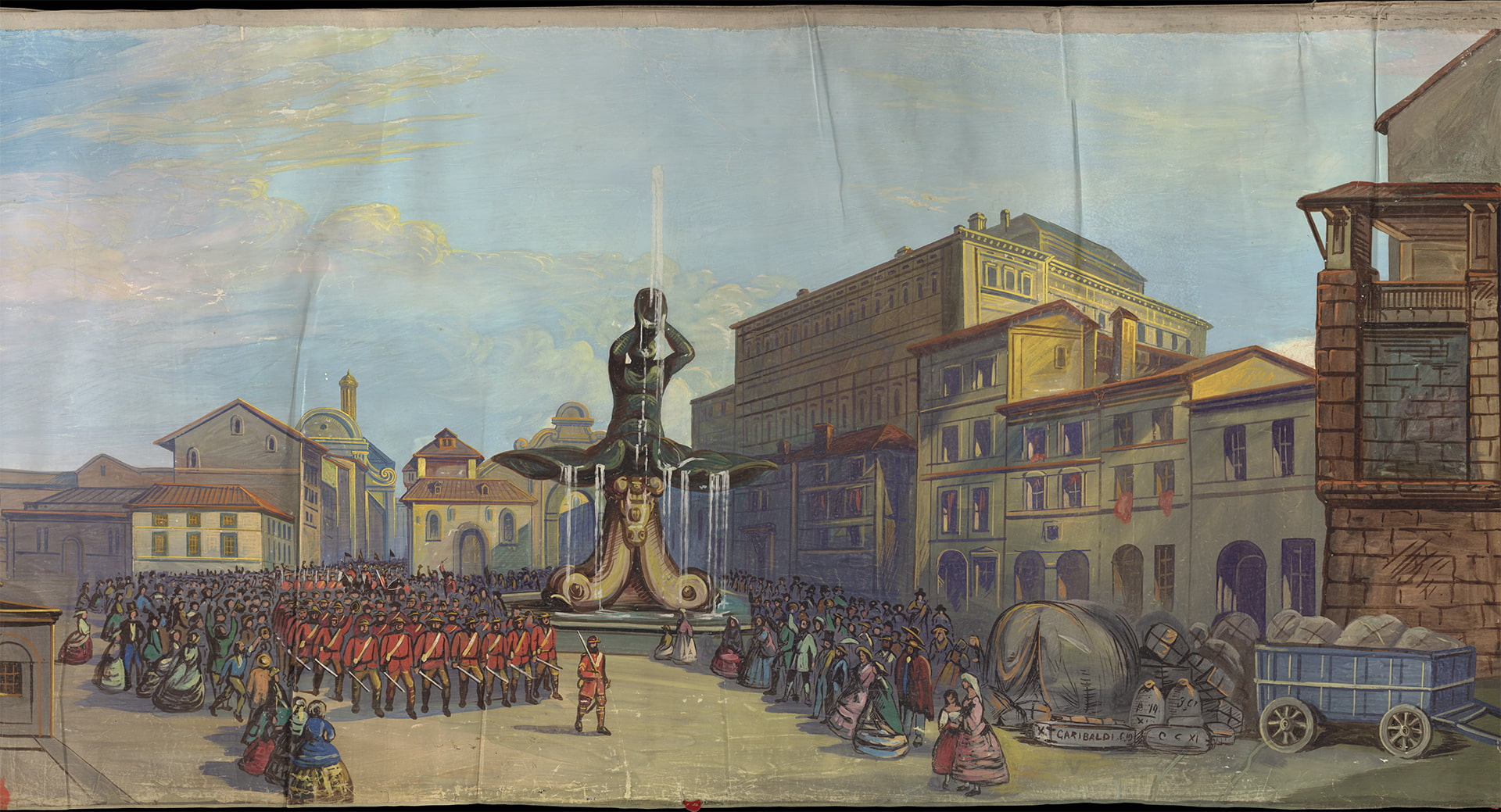 Soldiers march through a piazza in Rome. Crowds of civilians look on.
