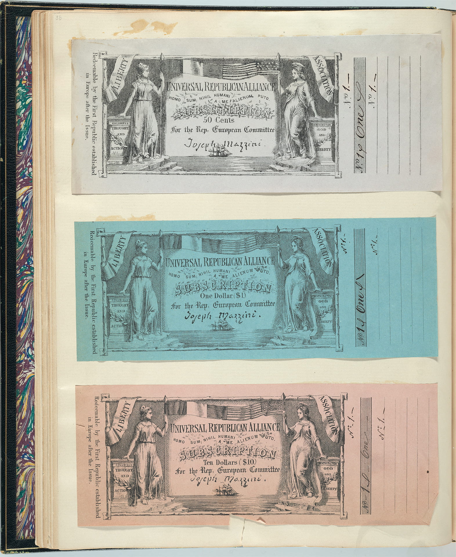 display of three illustrated subscription notes in a scrapbook