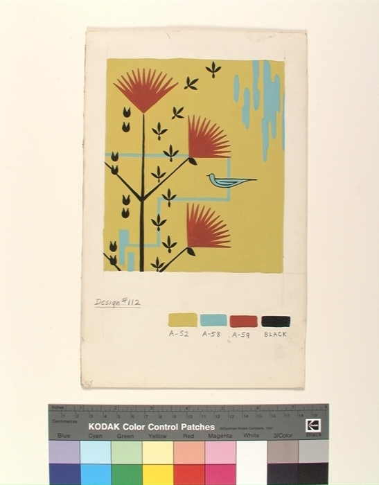 Textile design watercolor painting of a black tree with red leaves, black animal tracks, and a turquoise bird — all set on a yellow background.