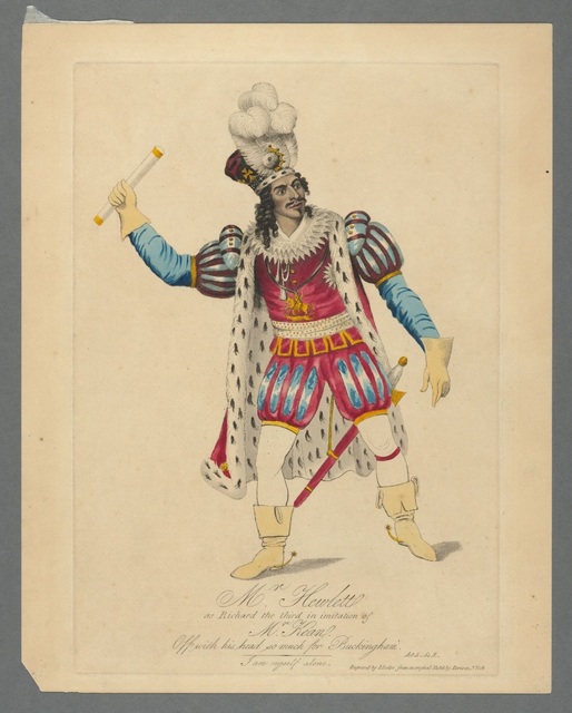 Colored drawing of African-American actor James Hewlett dressed as Richard the Third “in imitation” of Mr. Edmund Keane.